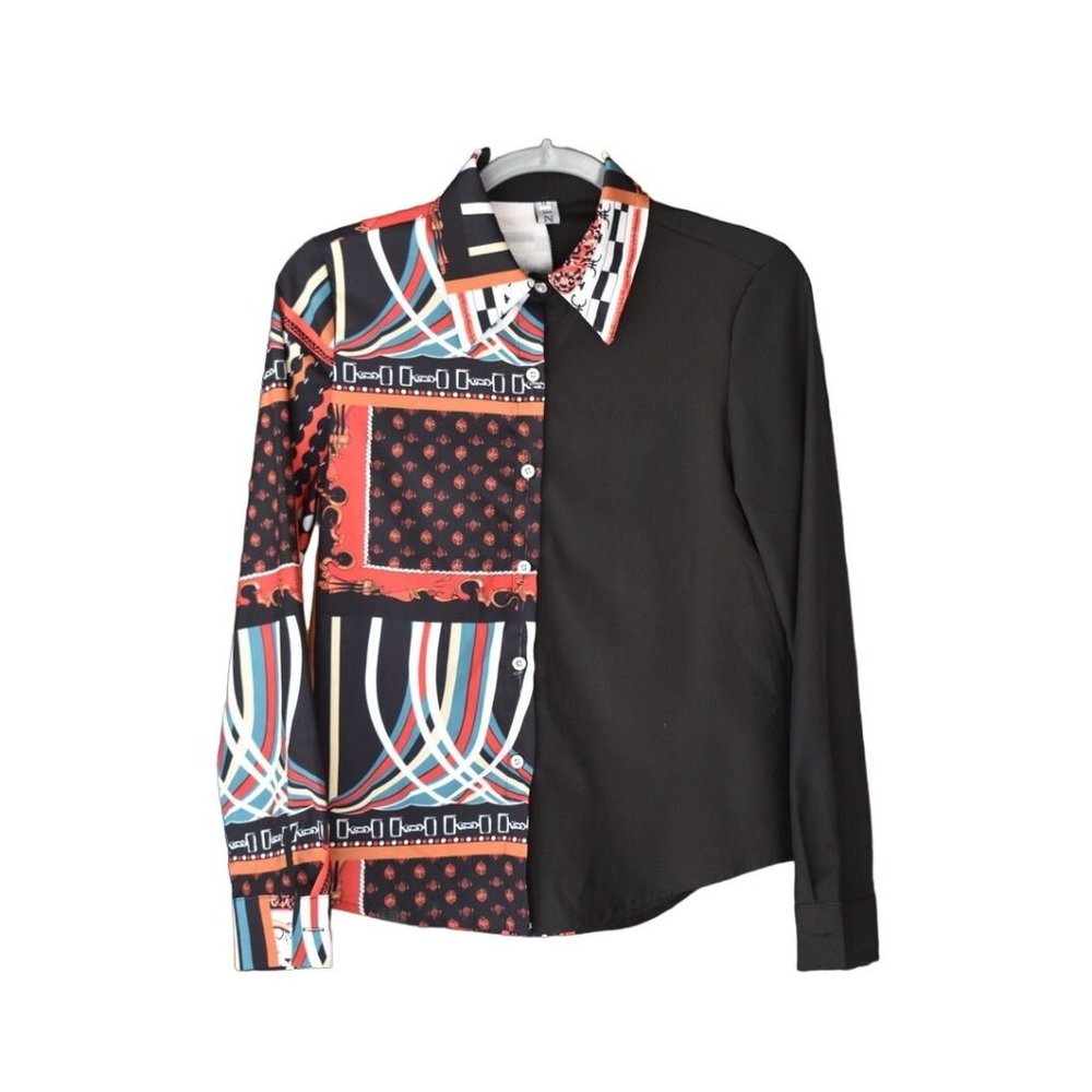 Women's Aizhe Button Down Long Sleeve Black Top Color Blocked Abstract M